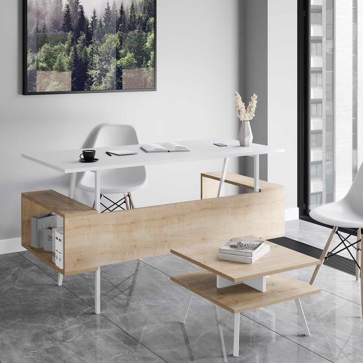 Set De Mobilier De Birou Irony Maxi Set 2 piese, Bej - Maro, 140x74x60 cm - Bej