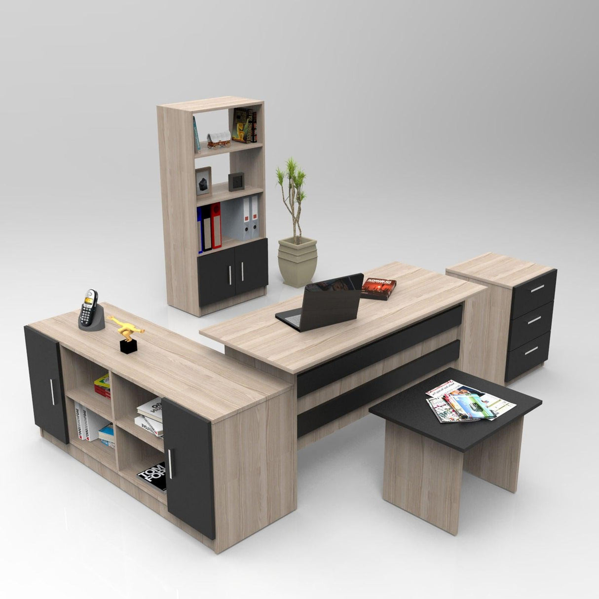 Set mobilier de birou Linta, 5 piese, 140x74x60 cm - Stejar