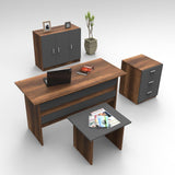 Set de mobilier de birou Torrens, Alb - Nuc - Stejar, 4 Piese, Birou - Biblioteca - Rollbox - Masuta, 140x60x74 cm - Nuc