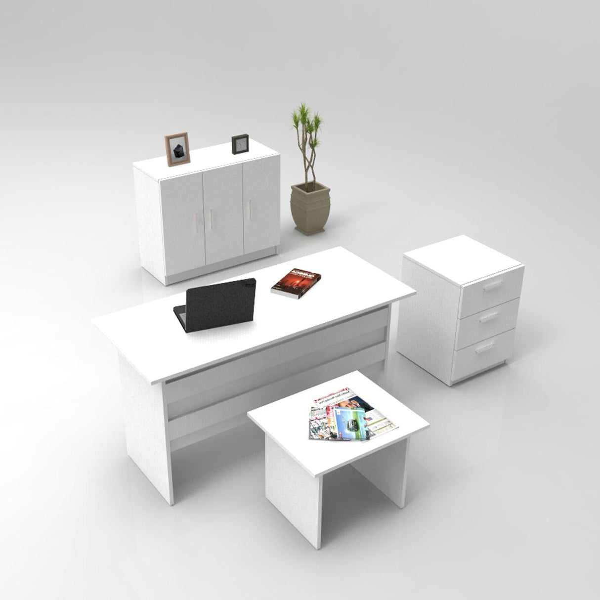 Set de mobilier de birou Torrens, Alb - Nuc - Stejar, 4 Piese, Birou - Biblioteca - Rollbox - Masuta, 140x60x74 cm - Alb