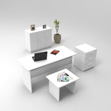 Set de mobilier de birou Torrens, Alb - Nuc - Stejar, 4 Piese, Birou - Biblioteca - Rollbox - Masuta, 140x60x74 cm - Alb