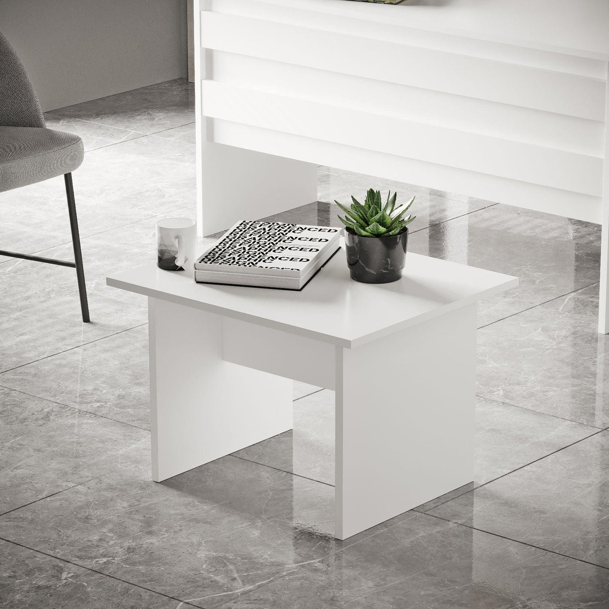 Set de mobilier de birou Torrens, Alb - Nuc - Stejar, 4 Piese, Birou - Biblioteca - Rollbox - Masuta, 140x60x74 cm - Alb