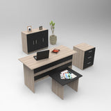 Set de mobilier de birou Torrens, Alb - Nuc - Stejar, 4 Piese, Birou - Biblioteca - Rollbox - Masuta, 140x60x74 cm - Stejar