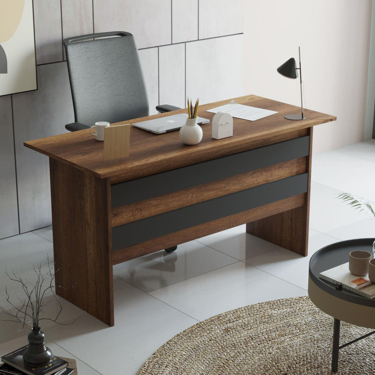 Set de mobilier de birou Torrens, Alb - Nuc - Stejar, 4 Piese, Birou - Biblioteca - Rollbox - Masuta, 140x60x74 cm - Nuc