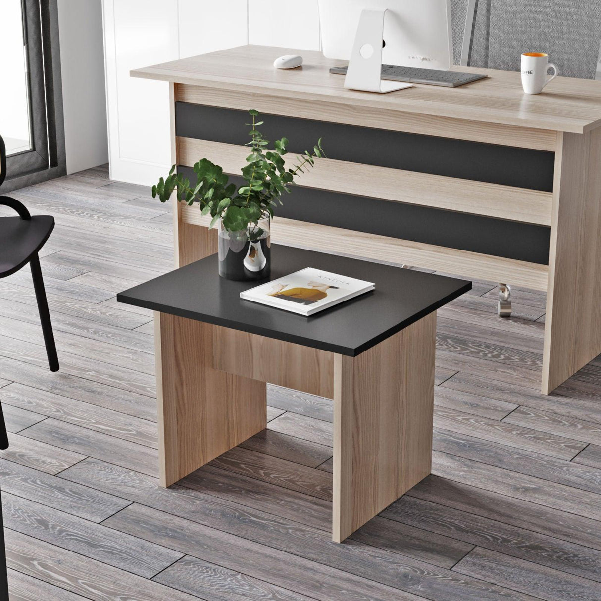 Set de mobilier de birou Torrens, Alb - Nuc - Stejar, 4 Piese, Birou - Biblioteca - Rollbox - Masuta, 140x60x74 cm - Stejar