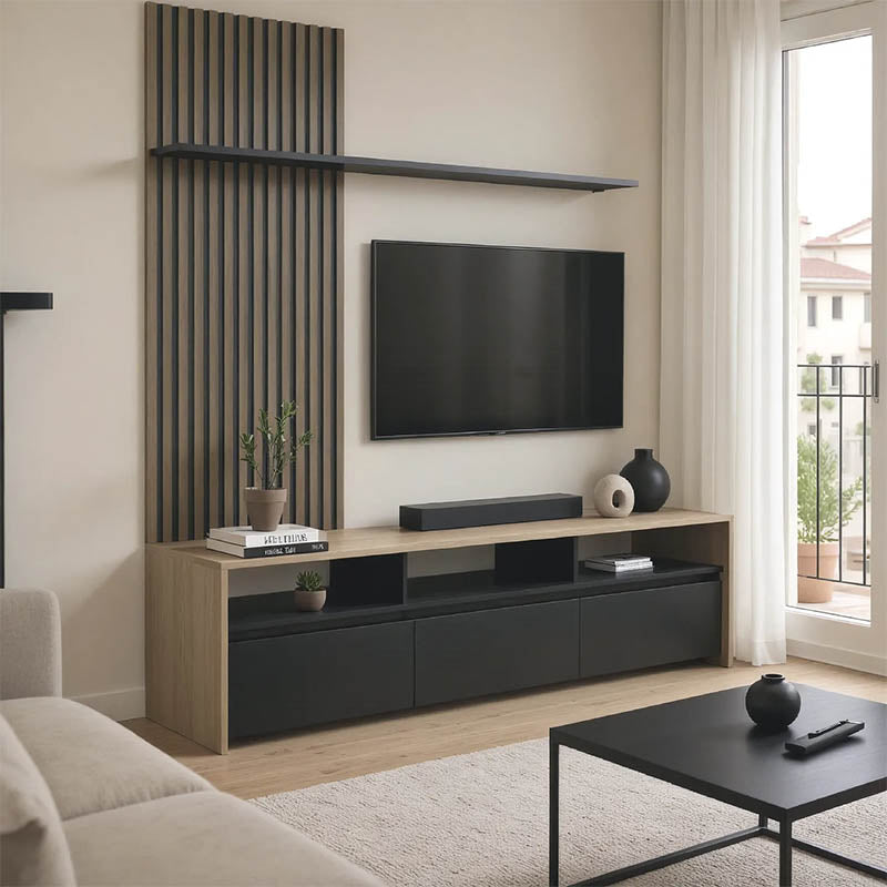 Set de mobilier living cu rafturi Delfina și metal, Sonoma - Negru, 190x40x199 cm - Set de mobilier living cu rafturi Delfina și metal, Sonoma - Negru, 190x40x199 cm