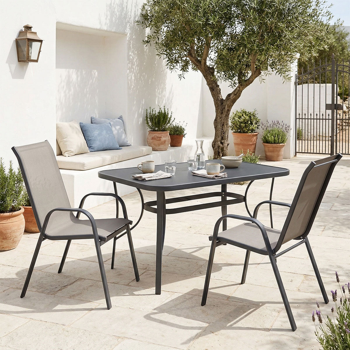 Set de sufragerie exterior Ensure Calan, 3 piese, metal si sticla, Antracit, 120x70x70 cm