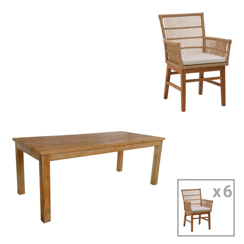 Set de sufragerie Inca-Wooly, 7 piese, Bej-Natural, 220x90x75 cm