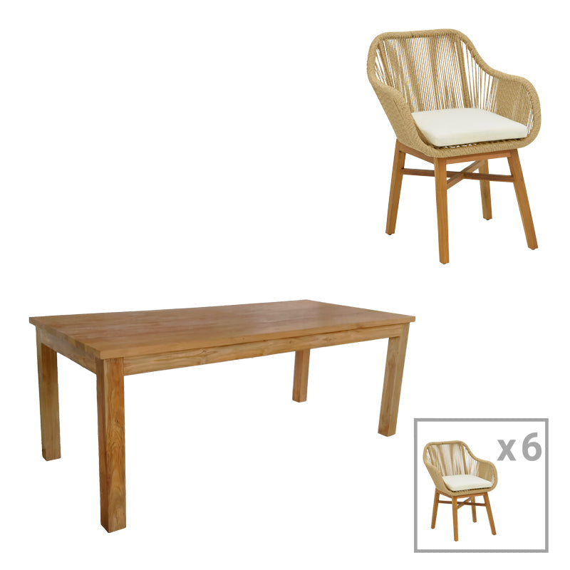 Set de sufragerie Kalie-Wooly, 7 piese, Bej-Natural, 220x90x75 cm