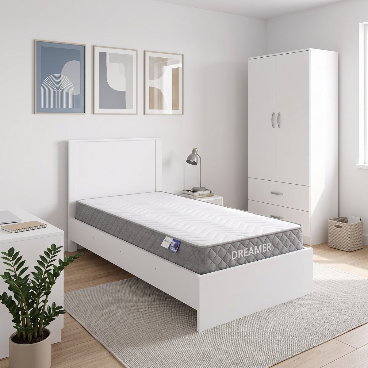 Alb | SKU: 200-002084 | Set dormitor 3 piese cu saltea Athos-Dreamer, 90x190 cm, varianta Alb, produs pentru amenajarea locuinței, disponibil online în România la CasaMob