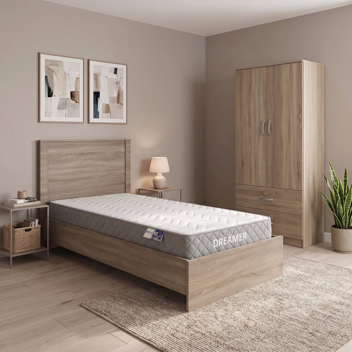 Stejar | SKU: 200-002090 | Set dormitor 3 piese cu saltea Athos-Dreamer, 90x190 cm, varianta Stejar, produs pentru amenajarea locuinței, disponibil online în România la CasaMob