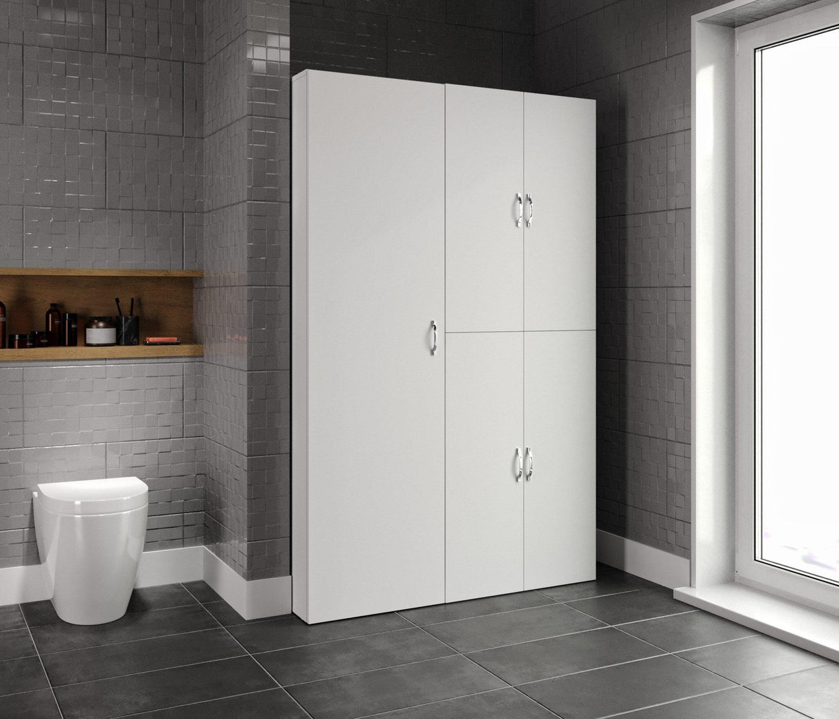 Set Dulap Baie pentru Masina de spalat, uscator si masa de calcat, Miranda, Alb, 71x194x69 cm, 54x194x52 cm