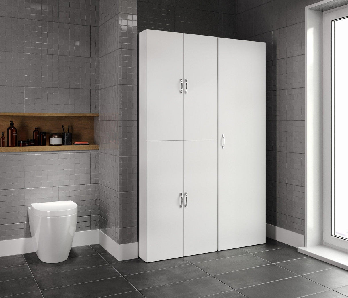 Set Dulap Baie pentru Masina de spalat, uscator si masa de calcat, Miranda, Alb, 71x194x69 cm, 54x194x52 cm