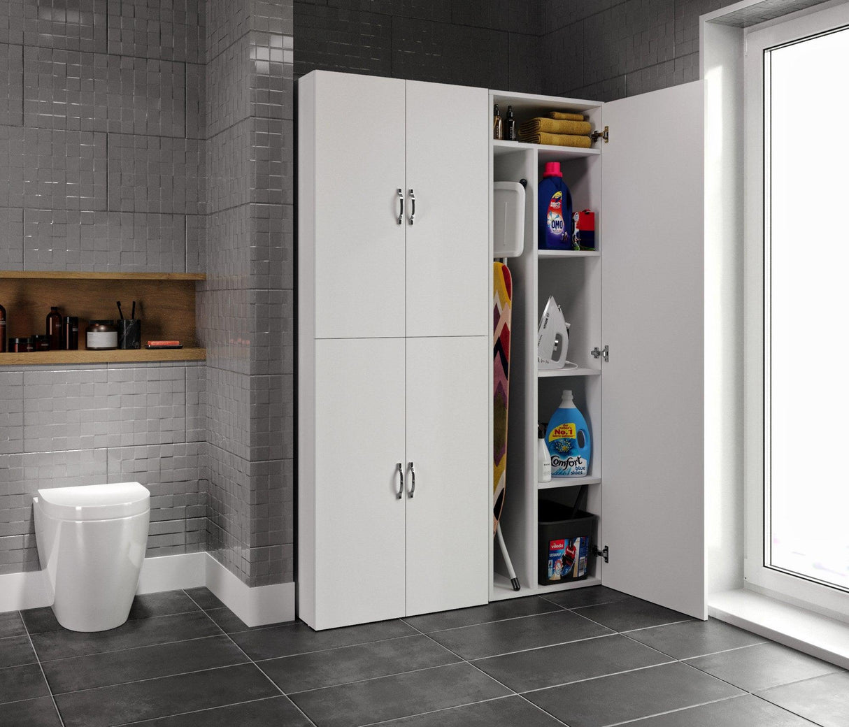 Set Dulap Baie pentru Masina de spalat, uscator si masa de calcat, Miranda, Alb, 71x194x69 cm, 54x194x52 cm