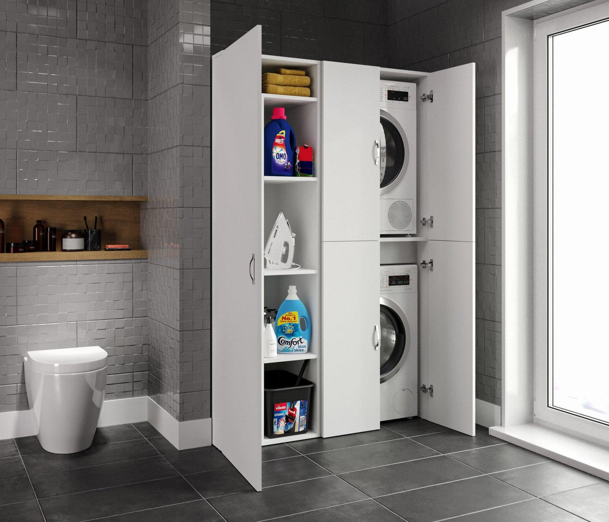 Set Dulap Baie pentru Masina de spalat, uscator si masa de calcat, Miranda, Alb, 71x194x69 cm, 54x194x52 cm