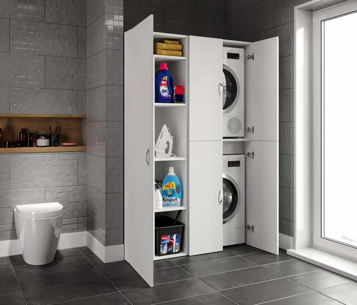 Set Dulap Baie pentru Masina de spalat, uscator si masa de calcat, Miranda , Alb, 71x194x69 - 54 x 194 x 52 cm