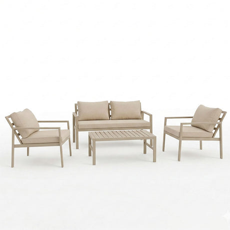 Set lounge grădină cu funcție modulară Gardenly, Aluminiu, 4 piese, Cappuccino cu perne, beige, 141x69x72 cm