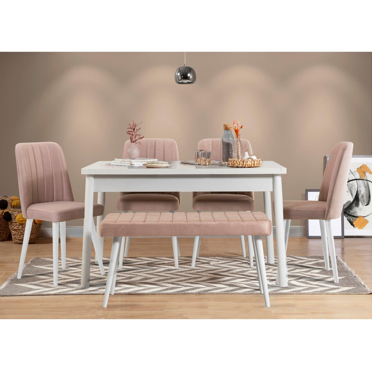 Set Masa Bucatarie și scaune (6 bucăți) Puren, Alb - Alb / Stejar, 120x75x77 cm - Alb