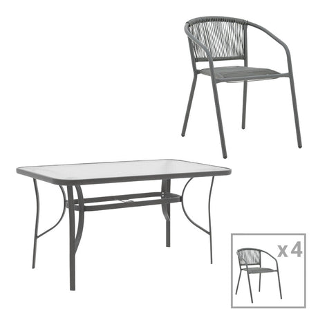 Set masă de sufragerie cu 4 scaune Ensure-Lindaria, Metal și Sticlă, Gri antracit, 140x80x70 cm