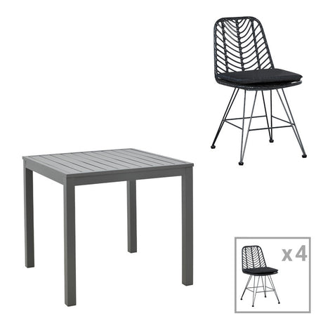 Set de sufragerie cu 4 Scaune Kliton-Naoki, Aluminiu și metal, Închis Antracit Negru, 80x80x74 cm