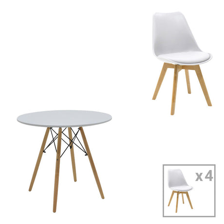 Set de sufragerie Julita-Gaston, cu 5 piese, și lemn de fag, alb-natur, 80x73 cm