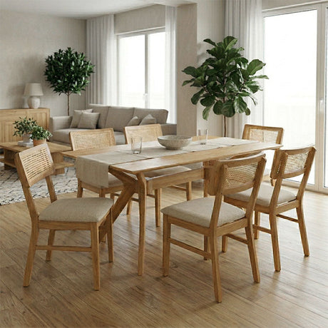 Set de sufragerie Raffles cu 7 piese, lemn cauciucat și ratan, natural, 150x90x76 cm