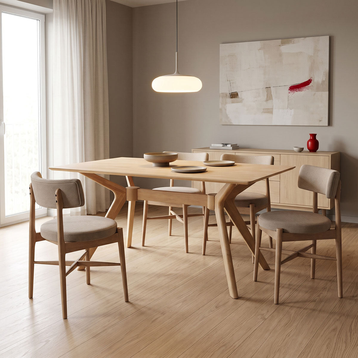 Bej - Nuc | SKU: 200-002104 | Set masă și 4 scaune Raudi-Raffles, Bej - Nuc, 150x90x76 cm, varianta Bej - Nuc, produs pentru amenajarea locuinței, disponibil online în România la CasaMob