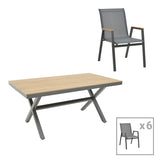 Set masa Thorio-Azelie 7 antracit aluminiu si placaj, Natural, 160x90x75 cm