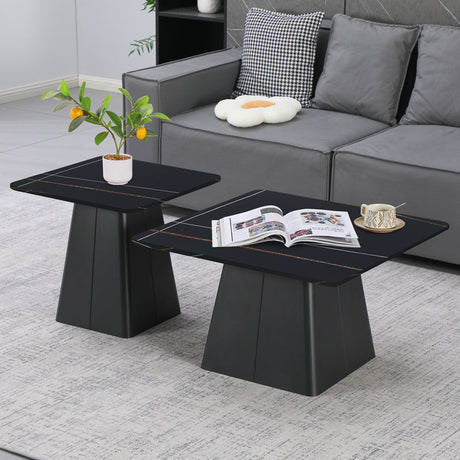 Set Mese de Cafea Pătrate cu Funcție de Economisire Spațiu, Metal și Piatră Sintetizată, Marmură Neagră, Optimizate, 80x80x43 cm