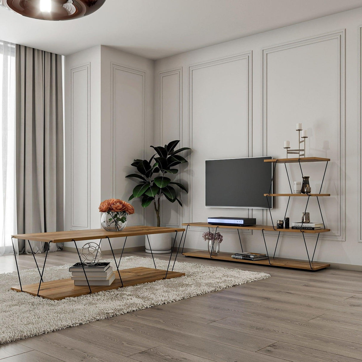 Set Mobila Sufragerie Basak, Alb - Stejar - Gri, 150x93x30 cm, 120x30x50 cm - Stejar