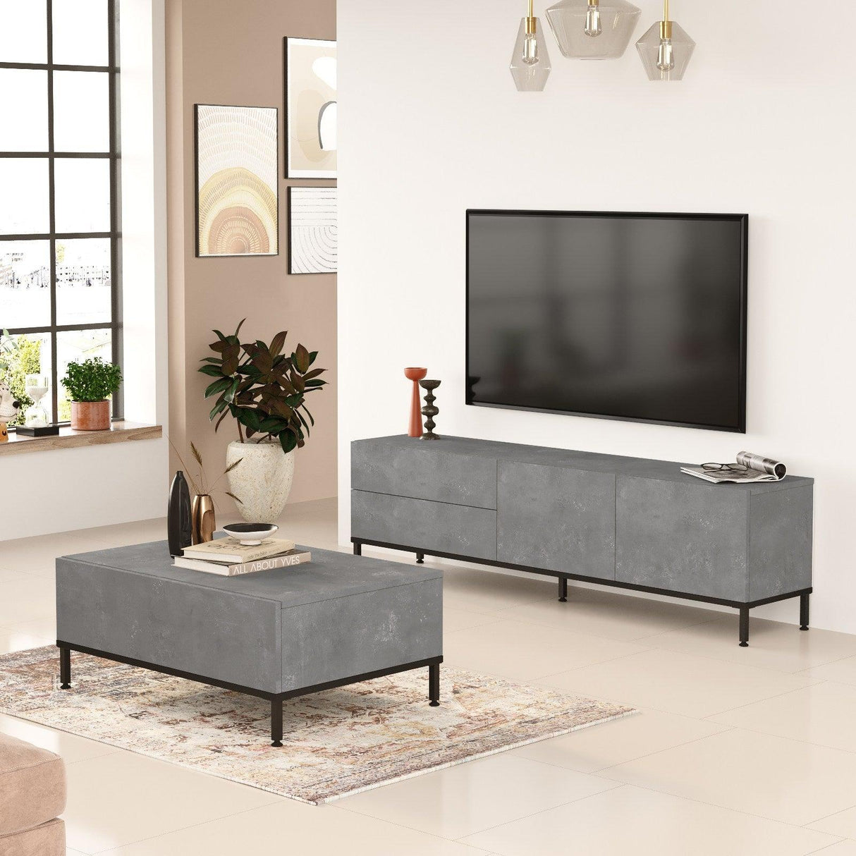 Set Mobila Sufragerie Oslo, Gri, 2 piese, Comoda Tv - Masuta de Cafea, 170.3x35.5x46.35 cm