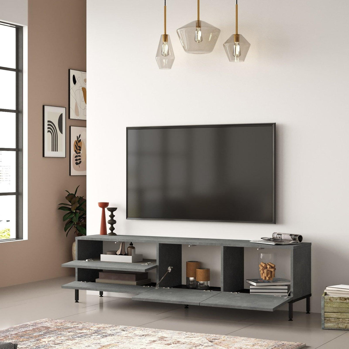 Set Mobila Sufragerie Oslo, Gri, 2 piese, Comoda Tv - Masuta de Cafea, 170.3x35.5x46.35 cm