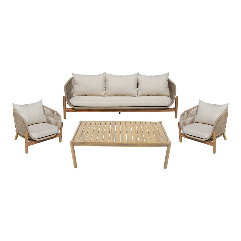 Set mobilier de exterior cu măsuță și canapele Verilan, lemn masiv de acacia și șnur, perne bej, variate, 214x77x70 cm