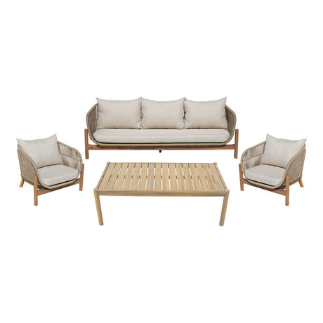 Set mobilier de exterior cu măsuță și canapele Verilan, lemn masiv de acacia și șnur, perne bej, variate, 214x77x70 cm