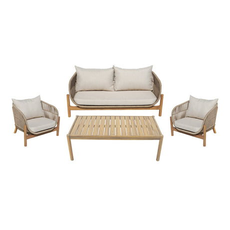 Set mobilier de exterior cu perne bej Lemanda, lemn masiv de salcâm și funie, generoase, 146x75x74 cm