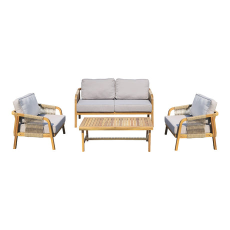Set mobilier de exterior cu pernute, Malibu II, lemn de acacia cu sfoară, pentru relaxare în grădină, ajustabile, natural, 128x76x65 cm