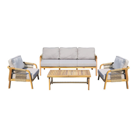 Set mobilier de exterior Malibu III, cu funcție relaxare, Lemn de acacia și frânghie, generoase, Include perne, bej, 188x76x65 cm
