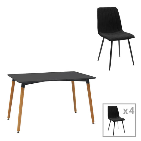 Set mobilier de sufragerie cu Masă și 4 Scaune, Natali-Noor, Negru, Picioare Lemn, 120x80x76 cm