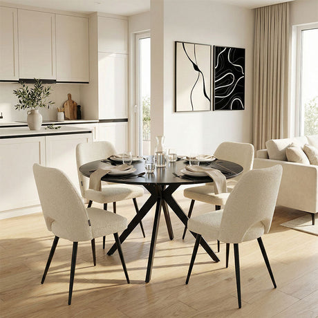 Set mobilier de sufragerie cu Scaune Albe Renish și Masă Neagră Orbital, Metal și Lemn, 120x76 cm