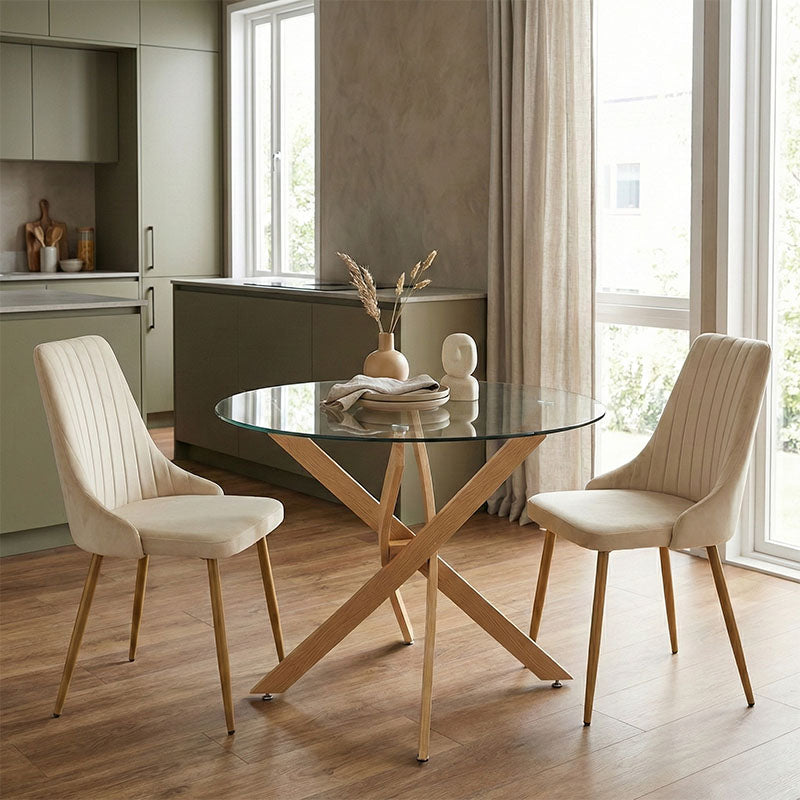 Set mobilier de sufragerie cu Scaune Azori Beige și Masă de Sticlă Antoro, Sticlă/Metal, 80x75 cm