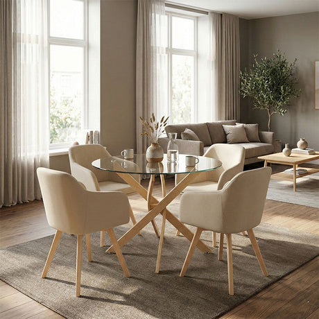 Set mobilier de sufragerie cu Scaune Brațe Safira Beige și Masă Sticlă Antoro, Sticlă/Metal, Masă:, Set 5 Piese, 100x75 cm