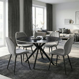 Set mobilier de sufragerie cu Scaune Gri Jelour și Masă Rotundă Neagră Orbital, Metal și Lemn, D120x H76, Set 5 Piese, 120x120x76 cm