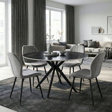 Set mobilier de sufragerie cu Scaune Gri Jelour și Masă Rotundă Neagră Orbital, Metal și Lemn, D120x H76, Set 5 Piese, 120x120x76 cm