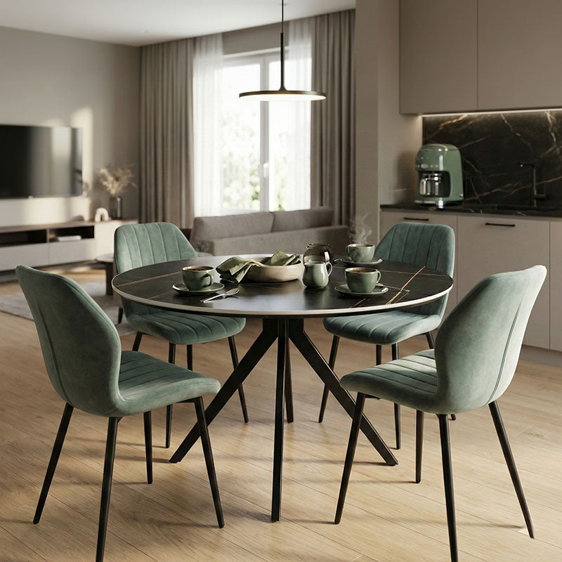 Set mobilier de sufragerie cu Scaune Jelour Fistic și Masă Neagră Orbital, Lemn/Metal, Masă, Set 5 Piese, 120x76 cm