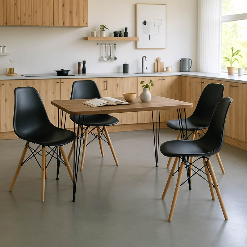 Set mobilier de sufragerie Julita, lemn/oțel, masă, 4 scaune, negre, 120x60x73 cm