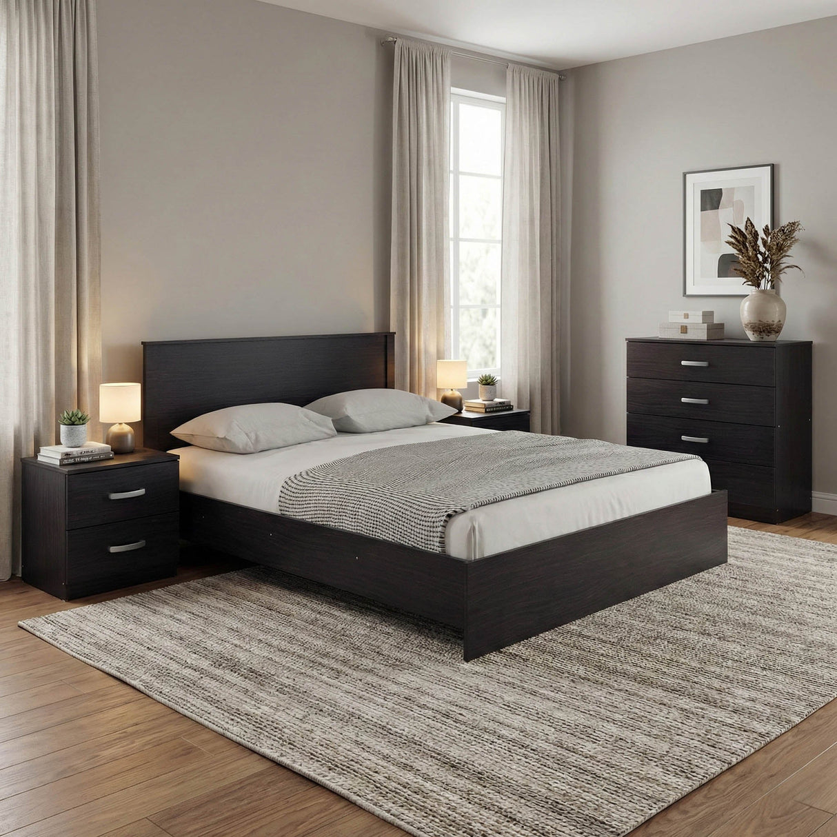Set mobilier dormitor Athos, Set 4 piese, Pat, Lemn Wenge, 160x200 cm