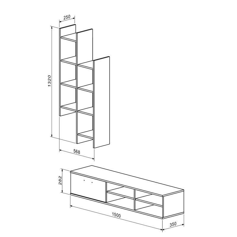 Set mobilier living cu rafturi Sarona, Lemn, stejar, 150x35x160 cm, detaliu produs