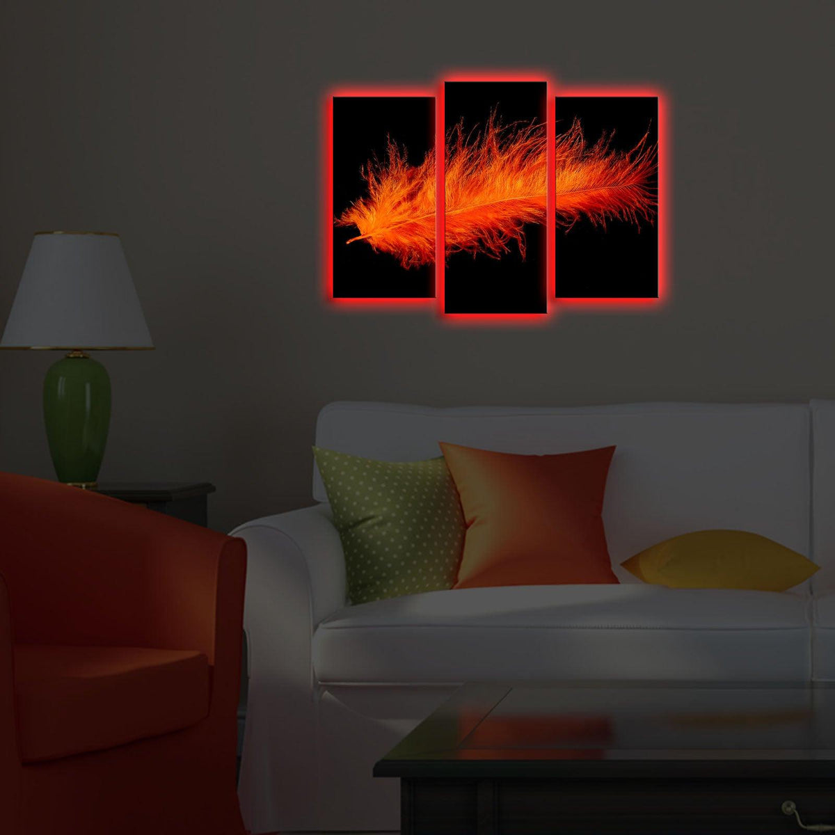 Tablou Canvas cu Led Pana Rosu, Multicolor, 66 x 45 cm