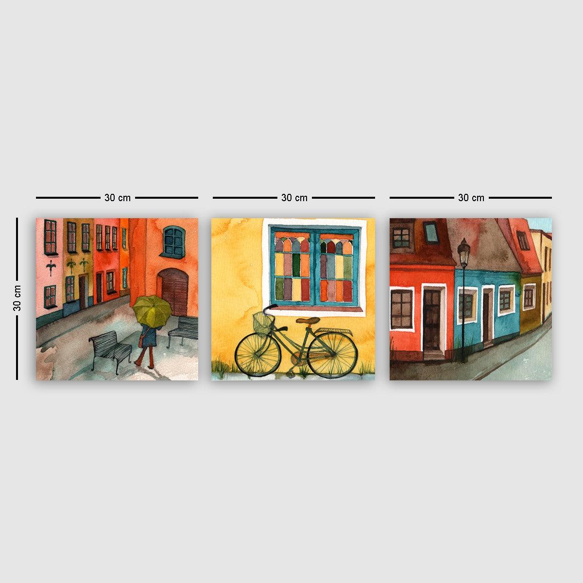 Tablou Canvas Strazi Sighisoara, 3 bucăți, Multicolor, 30x90 cm