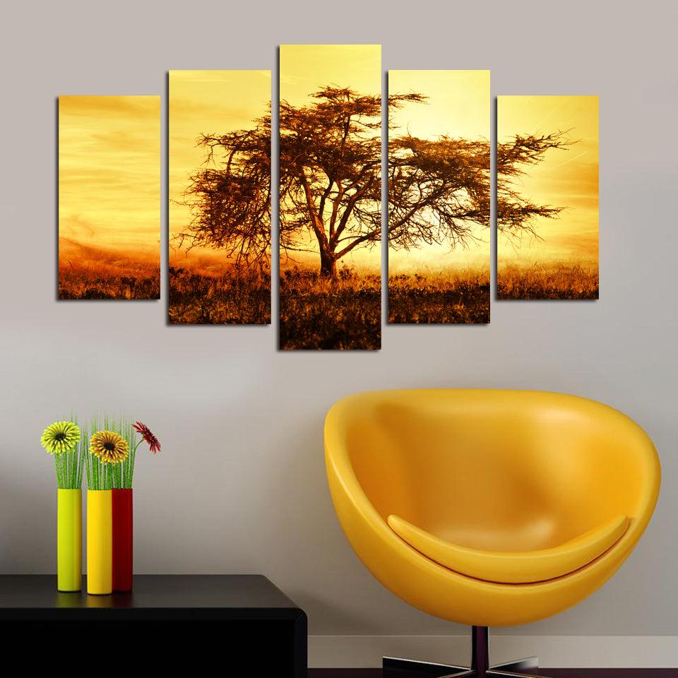 Tablou MDF ( 5 buc ) Copac in Soare, Multicolor, 60x110 cm